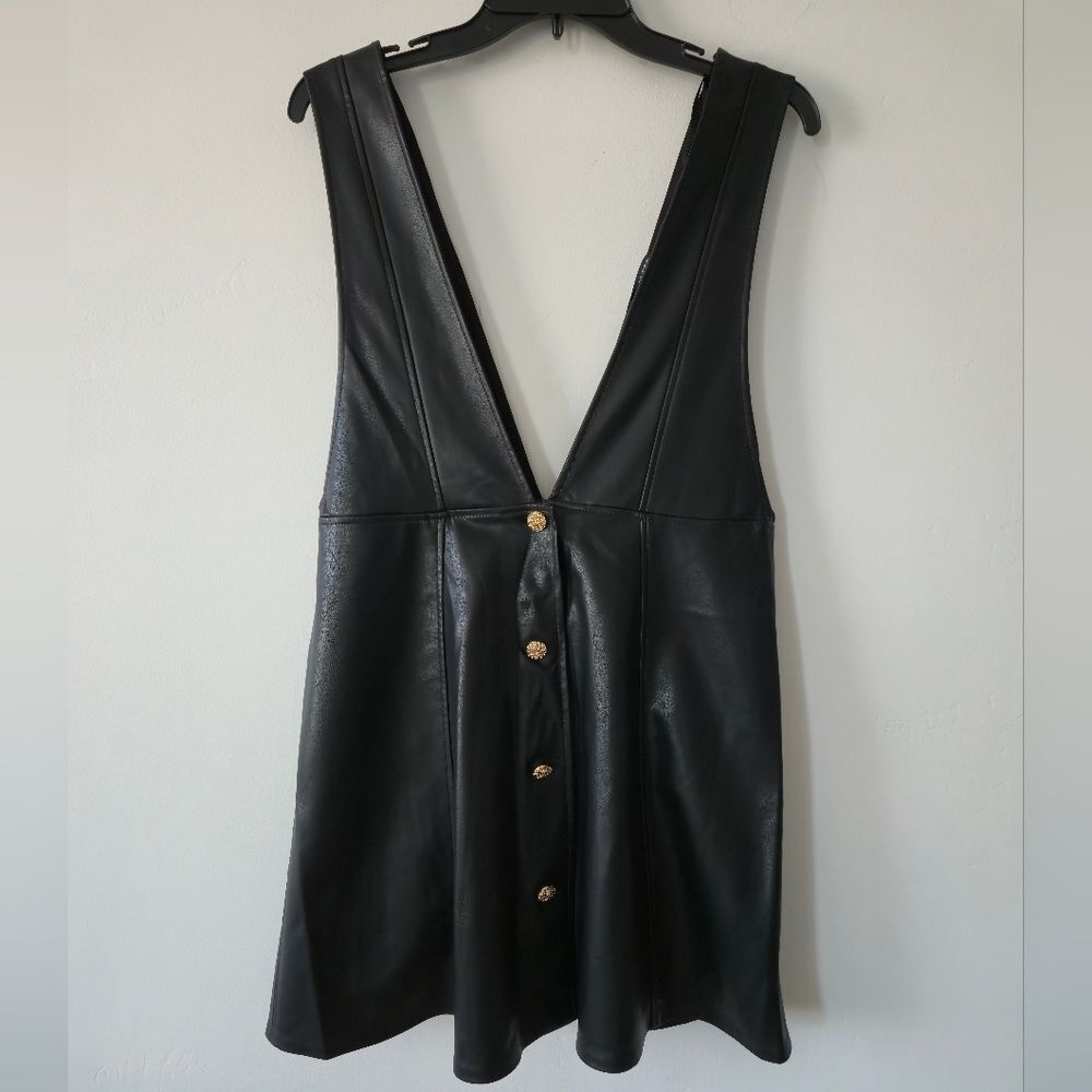 Zara Black Leather Dress with Gold Accents NWT
